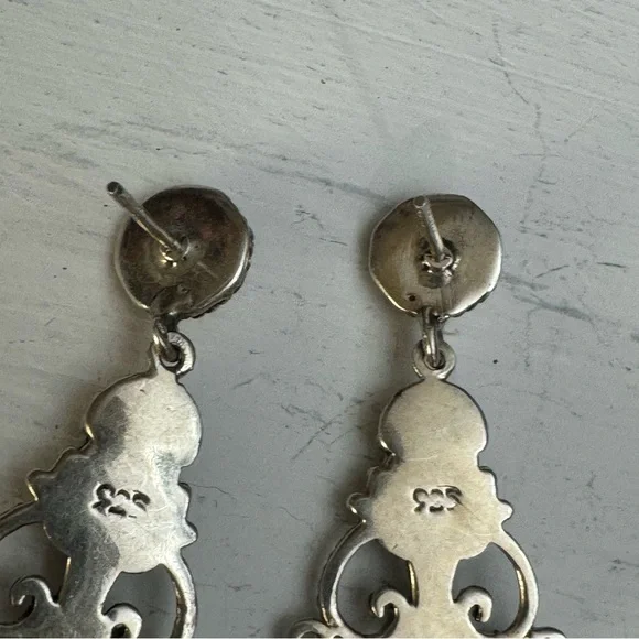 Vintage Elegant Sterling Silver and Turquoise Pirced Dangle Earrings - Picture 5 of 8